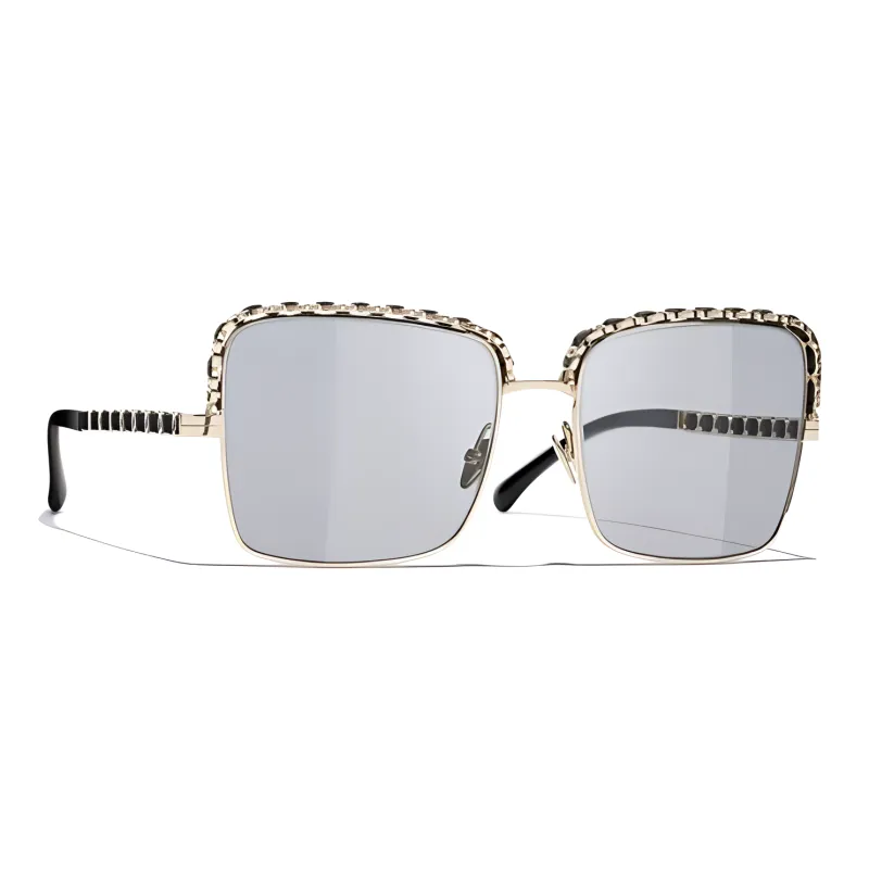 CHANEL Metal Lambskin Rectangular Sunglasses Women's Black-1