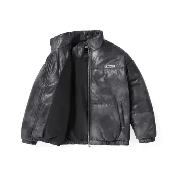 GENANX Letter Stand Collar Loose Fit Puffer Jacket Unisex Black Gray Color