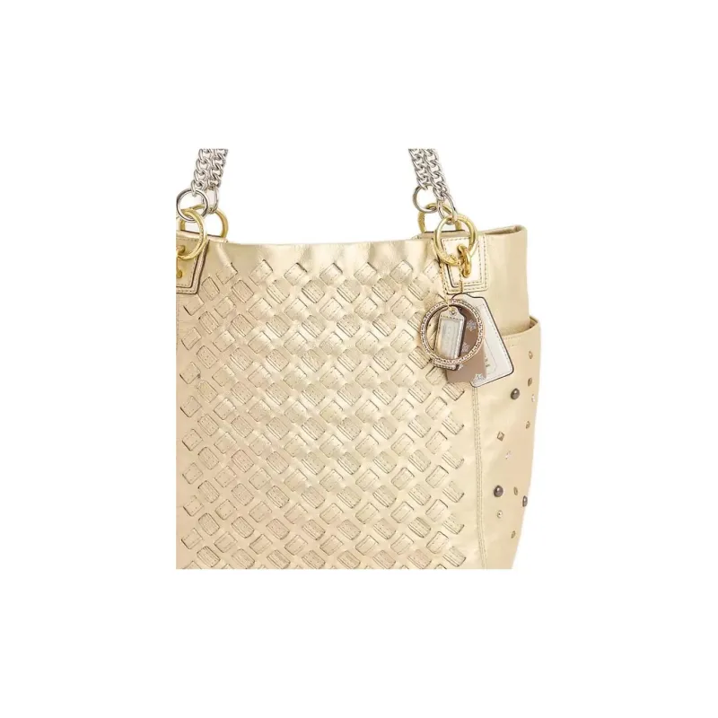 COACH Woven Leather Tote Bag Shopping Bag Handbag Shoulder Bag Women's Brass Gold-3