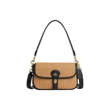 COACH Hadley Straw Shoulder Bag Medium Size Women's Khaki