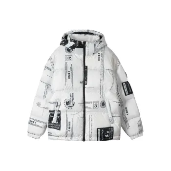 Discovery Expedition Letter Abstract Pattern Colorblock Hooded Down Jacket Unisex