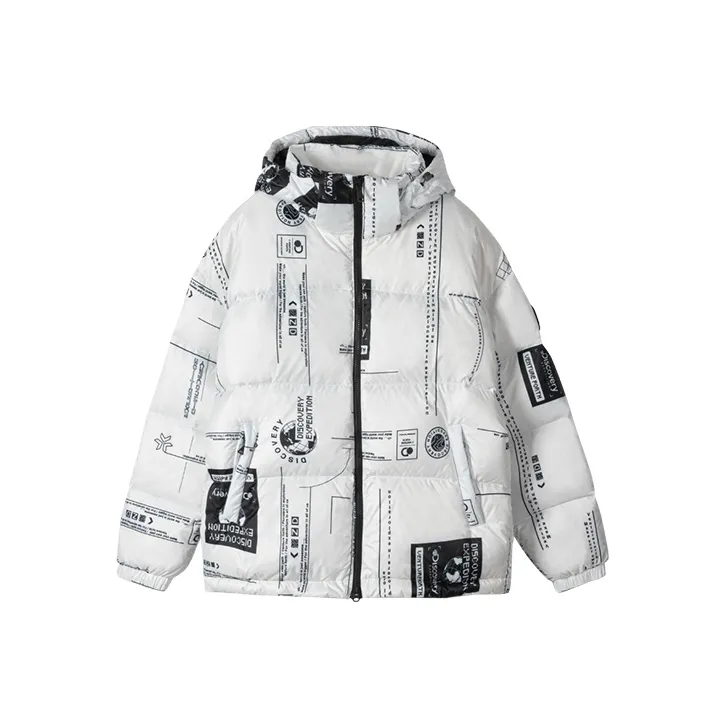Discovery Expedition Letter Abstract Pattern Colorblock Hooded Down Jacket Unisex-0