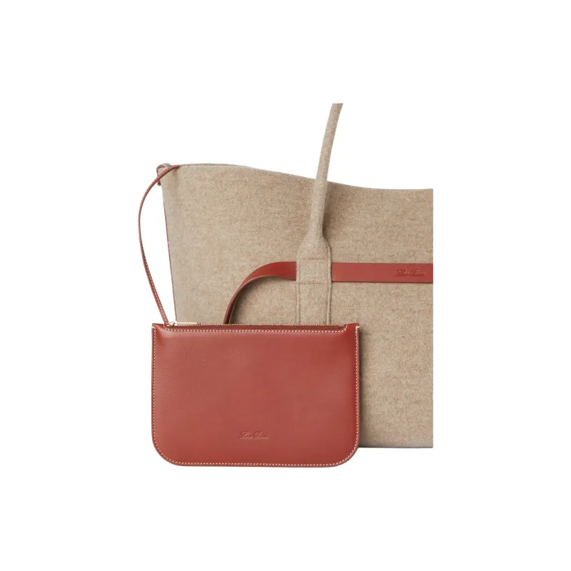 Loro Piana Ghiera Cashmere Tote Bag, Shopping Bag, Handbag Large Size Women's Natural Brown & Deep Plum & Sunlit Gold-6