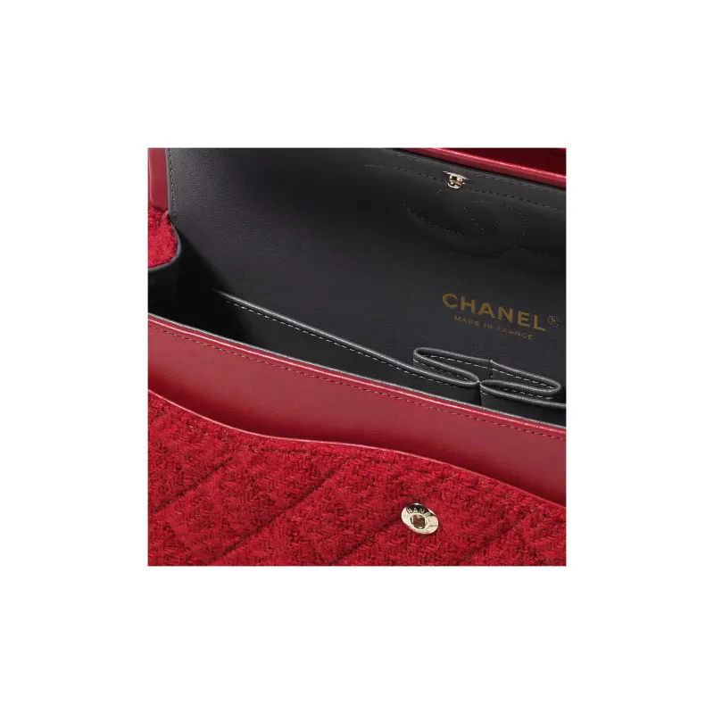 CHANEL Classic Flap CF Wool Twill Soft Woolen Shoulder Bag, Crossbody Bag Women's Red-2
