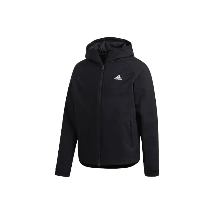 Adidas Solid Color Brand Logo Hooded Puffer Jacket Men's Black-0