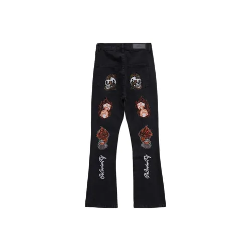 PAINT STAIN American Luxury Streetwear Hip Hop Style Distressed Funny Pattern Mid Rise Bootcut Jeans Unisex