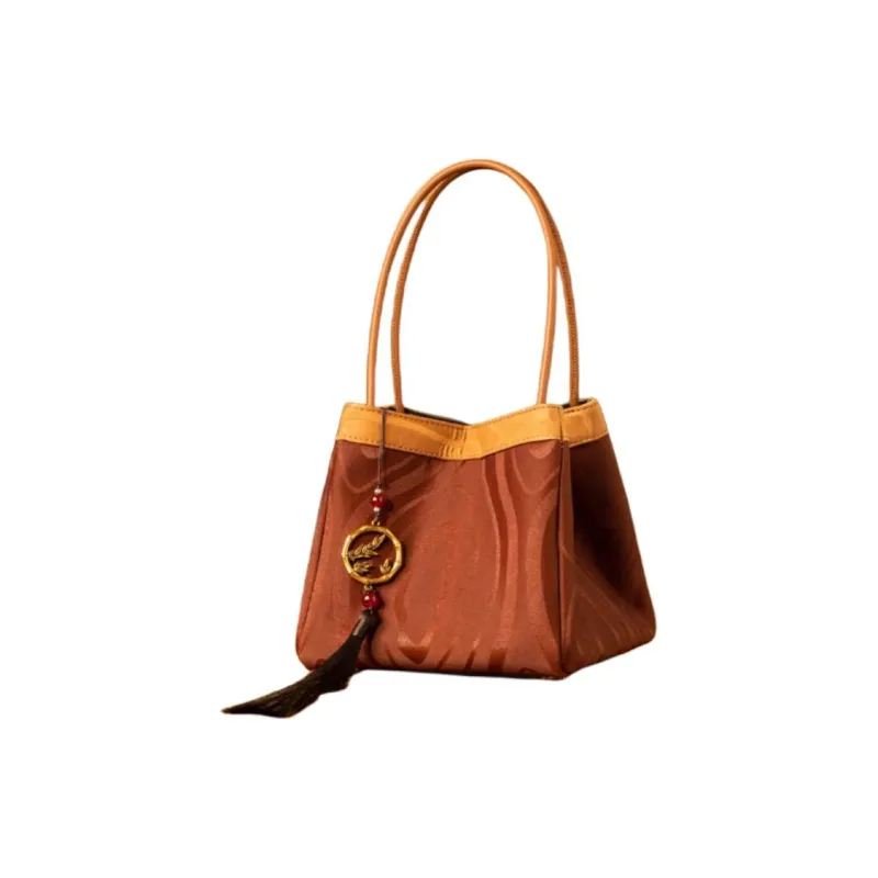 Shanghai Story Mulberry Silk Xiangyun Gauze Handbag Medium Size Women's New Yellow Green/Rusty Red-15