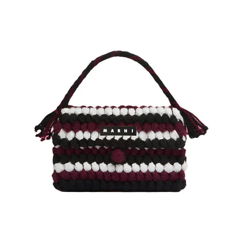 MARNI Acrylic Knitted Fabric Tanned Cow Leather Handbag Women's Black & Burgundy-0