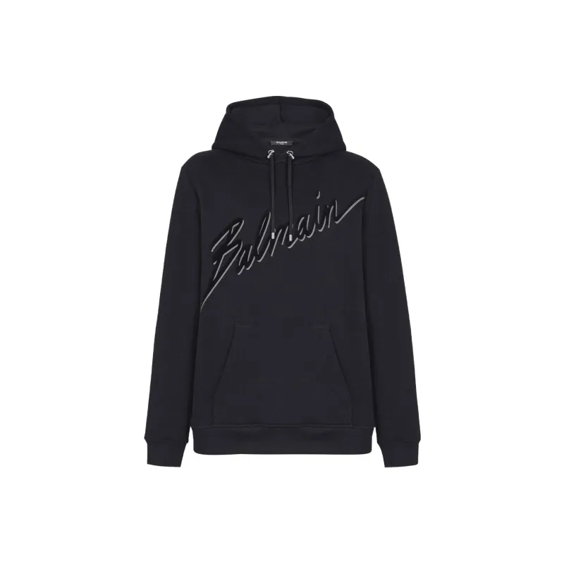 BALMAIN Flocked Logo Drawstring Hoodie-0