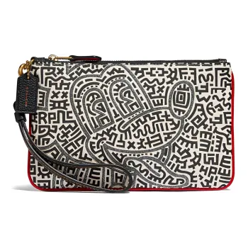 COACH Disney X Keith Haring Collaboration Wristlet Leather Clutch Wrist Bag Mahjong Bag Small Size Unisex Black White