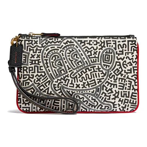 COACH Disney X Keith Haring Collaboration Wristlet Leather Clutch Wrist Bag Mahjong Bag Small Size Unisex Black White