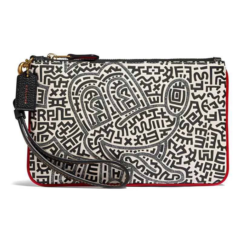 COACH Disney X Keith Haring Collaboration Wristlet Leather Clutch Wrist Bag Mahjong Bag Small Size Unisex Black White-0