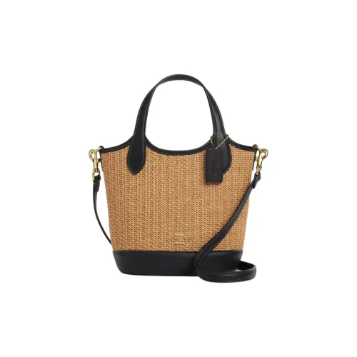 COACH Hanna Straw Bucket Bag, Shoulder Bag, Crossbody Bag, Handbag Small Size Women's Brown & Black