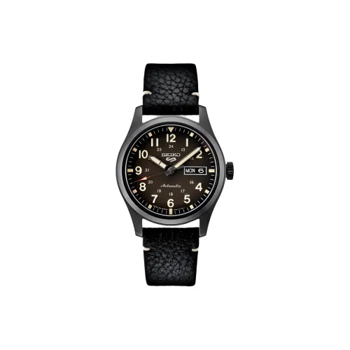 SEIKO 5 Sports Collection Automatic/Manual Mechanical Movement Leather Strap Watch 39.4mm Men's Watches Black Dial