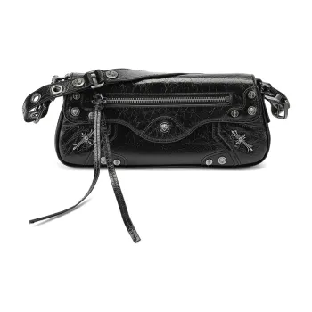 Ed Hardy Classic Series Cow Leather Shoulder Bag, Crossbody Bag Biker Bag Medium Size Women's Black