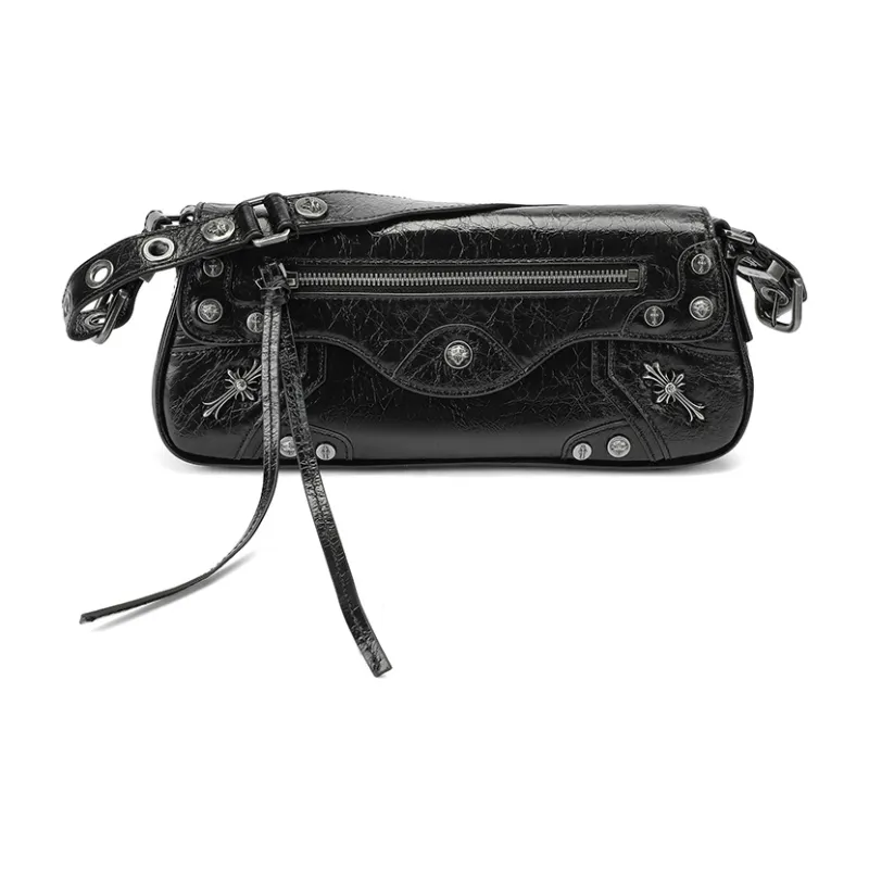 Ed Hardy Classic Series Cow Leather Shoulder Bag, Crossbody Bag Biker Bag Medium Size Women's Black-3