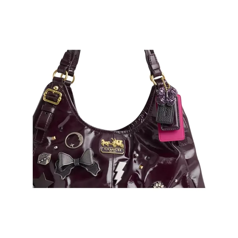 COACH Maggie Leather Handbag, Shoulder Bag Large Size Women's Eggplant Purple-3