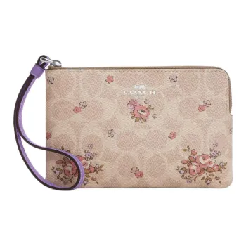 COACH Corner Zip Coated Canvas Clutch Small Size Women's Silver & Sand Multicolor