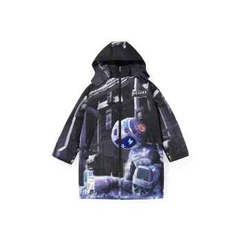 GENANX Cartoon Detachable Hood Loose Fit Mid Length Puffer Jacket Unisex Black Blue