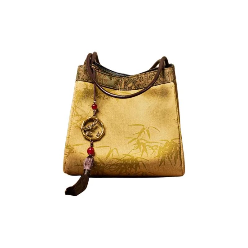 Shanghai Story Mulberry Silk Xiangyun Gauze Handbag Medium Size Women's New Yellow Green/Rusty Red-2
