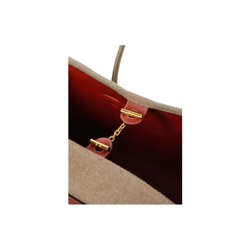 Loro Piana Ghiera Cashmere Tote Bag, Shopping Bag, Handbag Large Size Women's Natural Brown & Deep Plum & Sunlit Gold-4