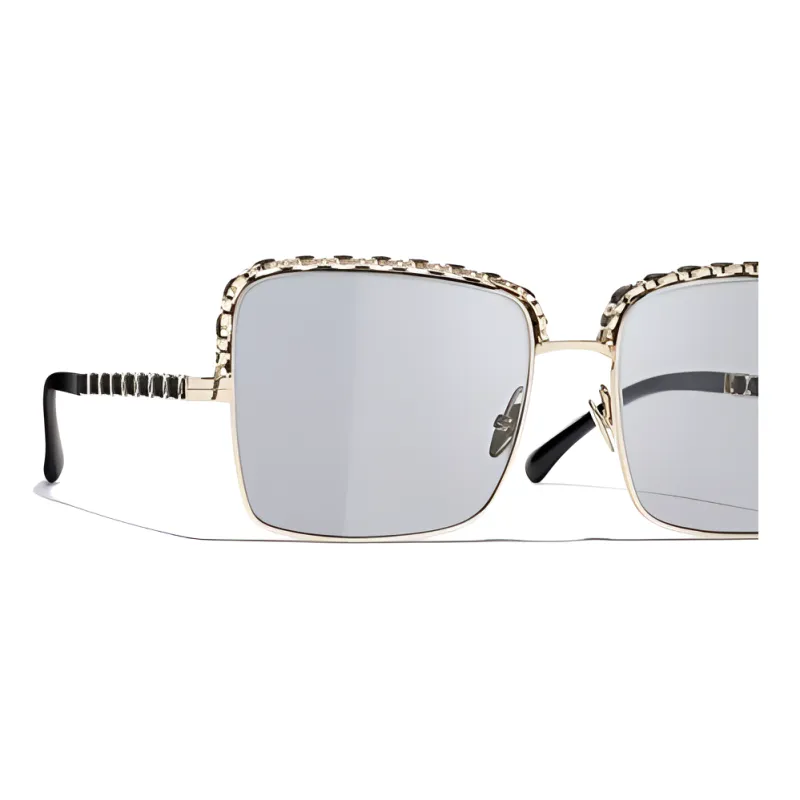 CHANEL Metal Lambskin Rectangular Sunglasses Women's Black-2