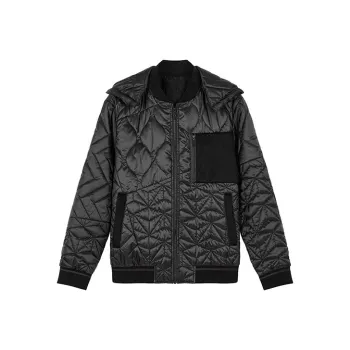 DAVID NAMAN Plaid Solid Color Detachable Hood Loose Fit Puffer Jacket Men's Black
