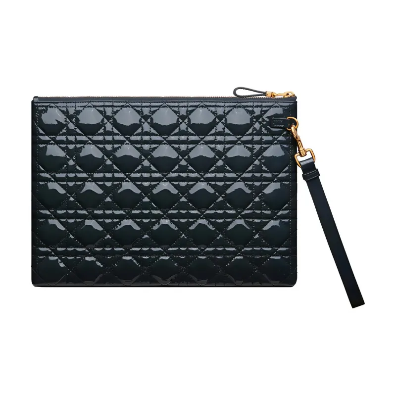 DIOR Caro Patent Leather Calfskin Handbag Clutch Large Size Women's Blue Black-1