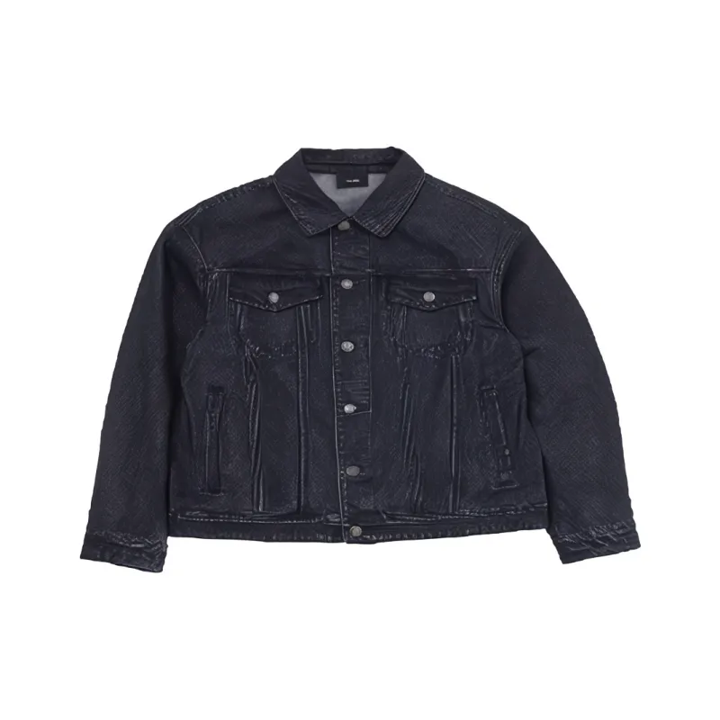 MLB BASIC MEGA LOGO LASER CUTTING DENIM TRUCKER JACKET Denim Jacket Unisex Black-0
