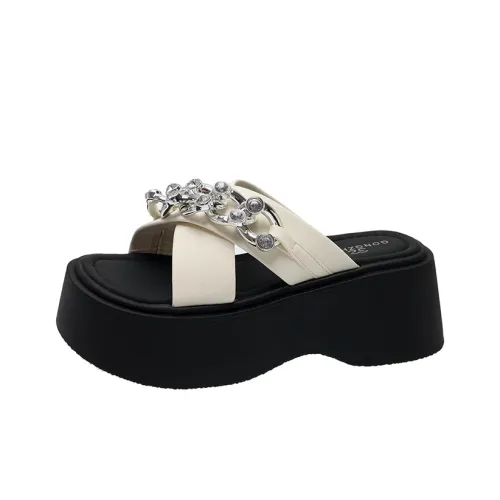 AJPAP Stitching Metal Leather Patchwork Slide Slippers Women's