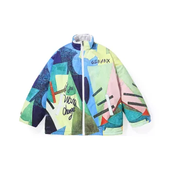 GENANX Letter Colorblock Stand Collar Loose Fit Puffer Jacket Unisex Turquoise
