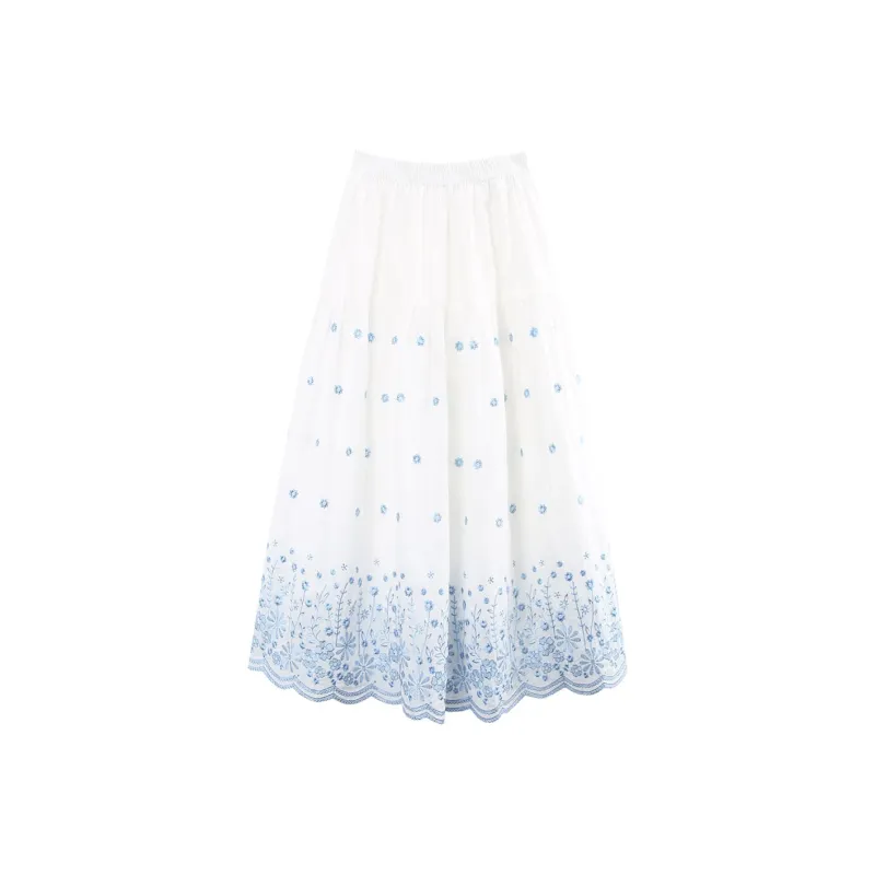 A Paradise For Awakening Casual Long Skirt Women's White With Blue Floral-1
