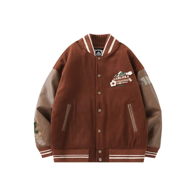 LAMLICKA Solid Color Baseball Collar Loose Fit Puffer Jacket Unisex Brown-0