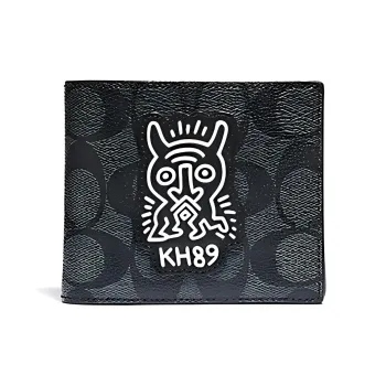 COACH X Keith Haring Collaboration 3 IN 1 Wallet Canvas Money Clip Card Holder Wallet Men's Charcoal Black