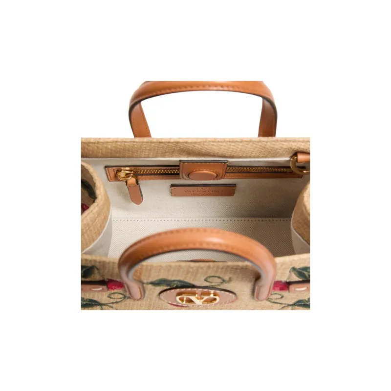 Valentino Raffia Leather Tote Bag, Shopping Bag, Shoulder Bag, Handbag Trumpets Women's Natural-4