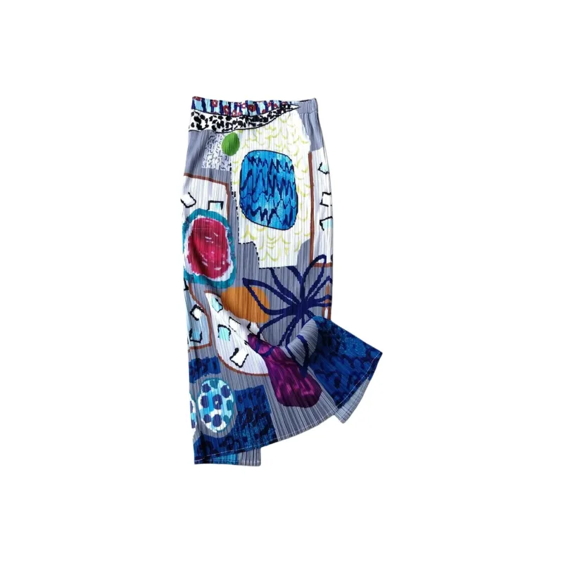 Wbwq Casual Long Skirt Women's Blue Gray Floral Pattern-5