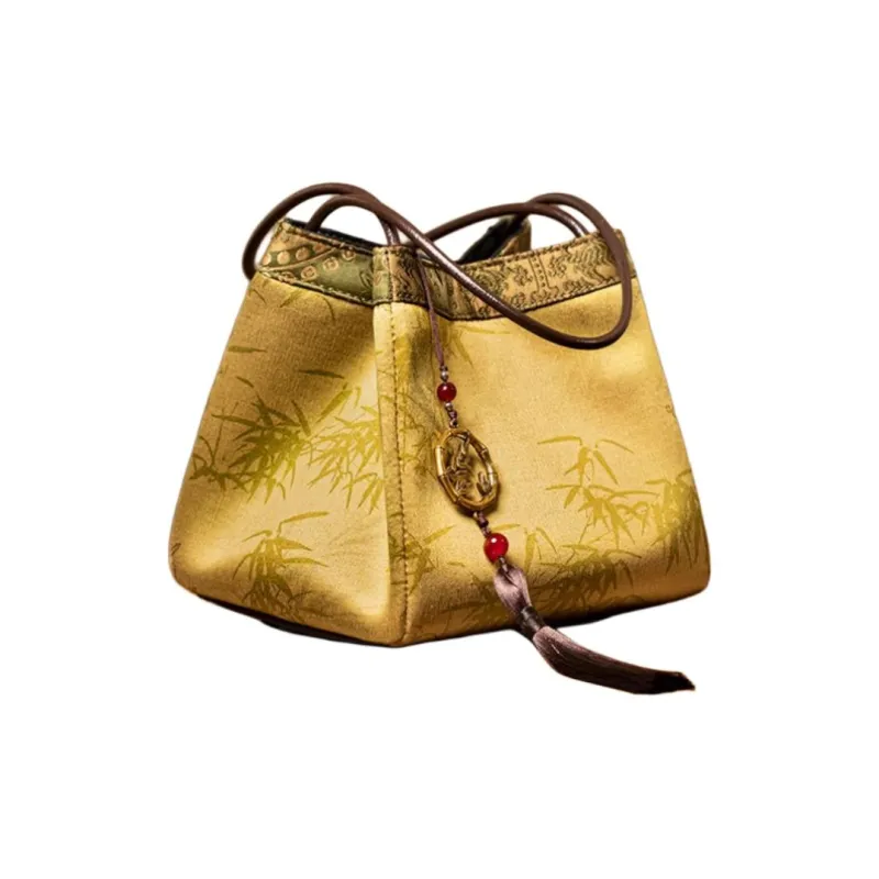 Shanghai Story Mulberry Silk Xiangyun Gauze Handbag Medium Size Women's New Yellow Green/Rusty Red-3