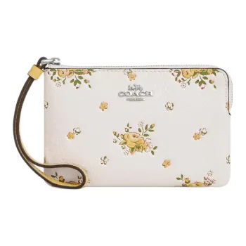 COACH Corner Zip Pebbled Leather Clutch Small Size Women's Silver & Chalk