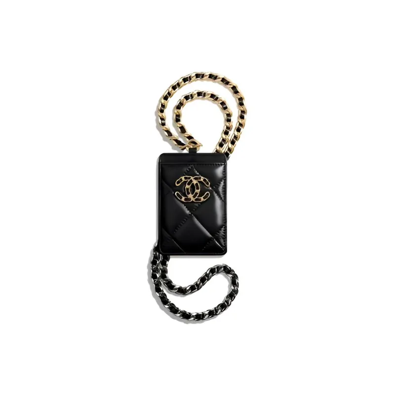 CHANEL 19Bag Lambskin & Metal Necklace Pouch Card Holder Women's Black-0