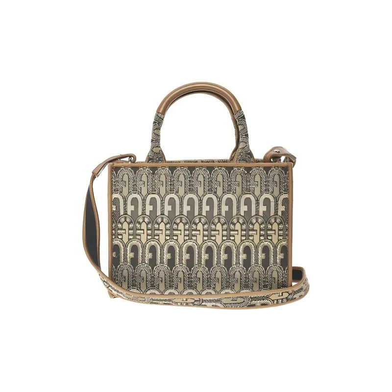 Furla Opportunity Jacquard With Cow Leather Tote Bag Shopping Bag Handbag Shoulder Bag Mini Women's Brown-1