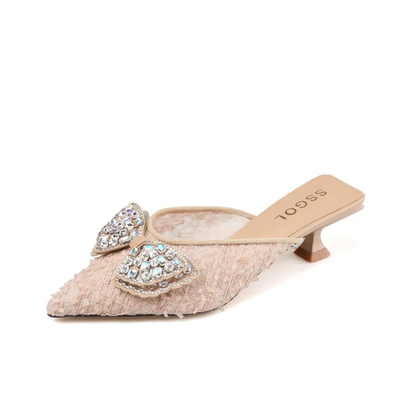 POOQ Rubber Sole Leather Patchwork Rhinestone Slip Resistant Closed Toe Slippers Women's-5
