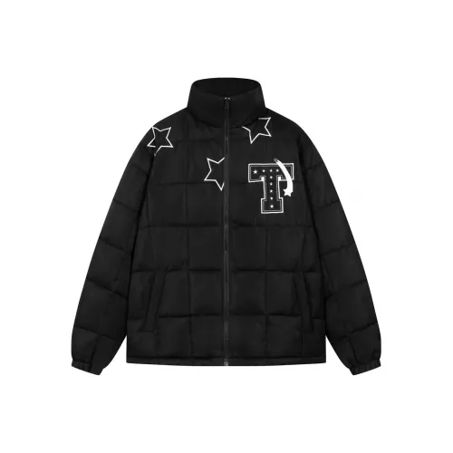 Teach Peace Letter Geometric Pattern Stand Collar Loose Fit Thickened Puffer Jacket Unisex