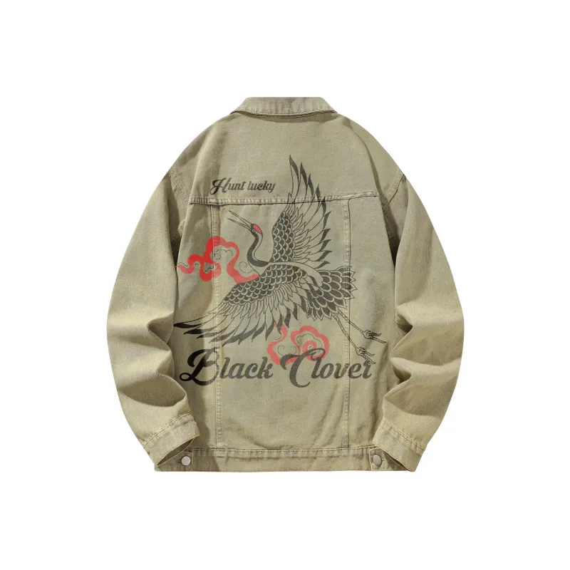 BLACK CLOVER Crane Print Unisex Denim Jacket-4