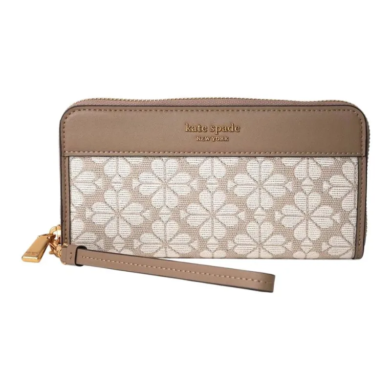 Kate Spade Spade Flower Leather Patchwork With Jacquard Wrist Pouch Coin Purse Wallet Women's White & Brown-1