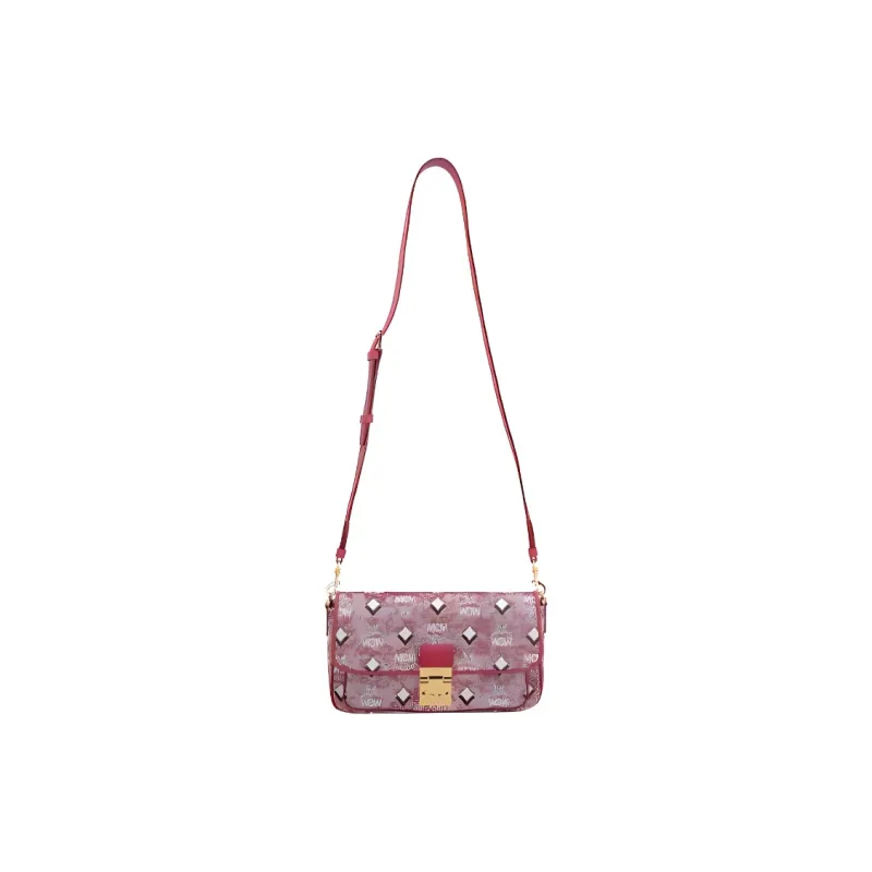 MCM Fabric Handbag, Crossbody Bag, Shoulder Bag Medium Size Women's Red-4