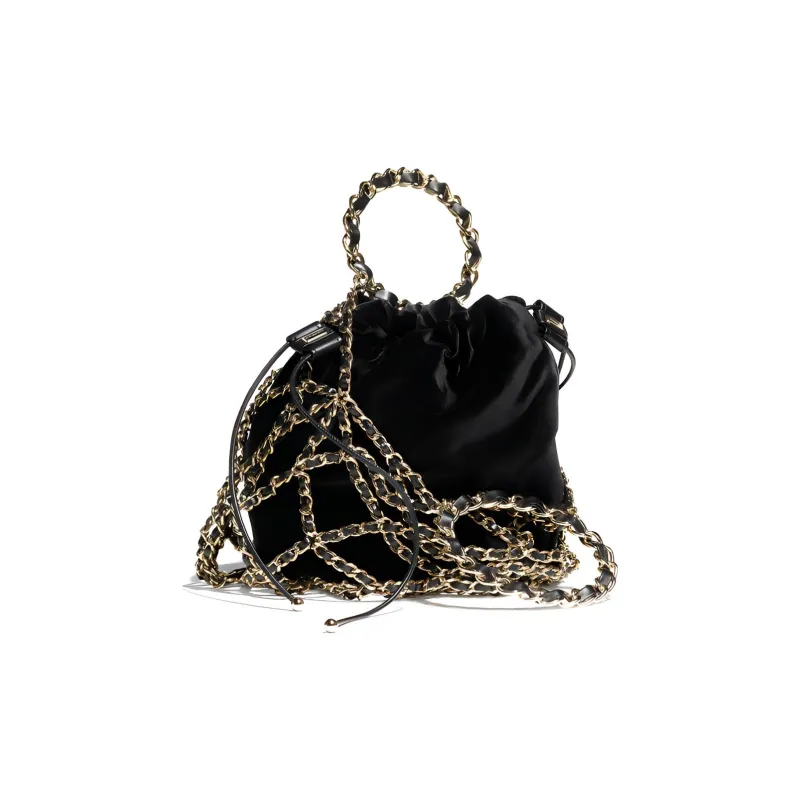CHANEL Velour Metal Drawstring Bag Handbag Women's Black-1