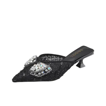 POOQ Rubber Sole Leather Patchwork Rhinestone Slip Resistant Closed Toe Slippers Women's