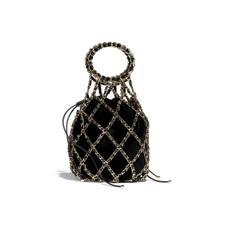 CHANEL Velour Metal Drawstring Bag Handbag Women's Black-0