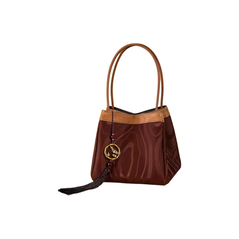 Shanghai Story Mulberry Silk Xiangyun Gauze Handbag Medium Size Women's New Yellow Green/Rusty Red-16