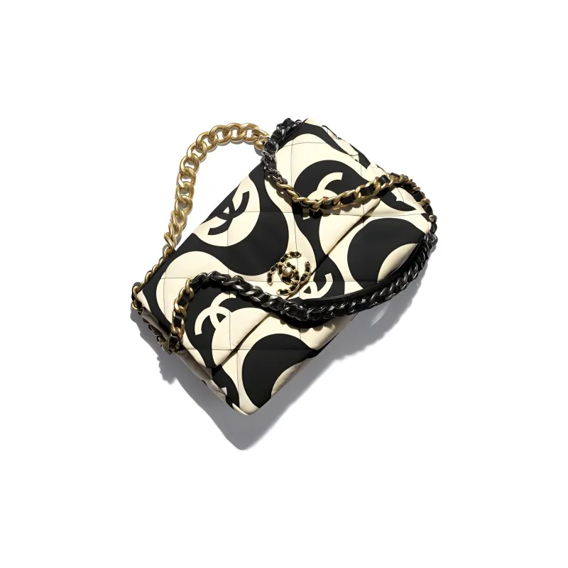 CHANEL 19Bag Fabric One Shoulder Handbag, Crossbody Bag Trumpets Women's Black White-2